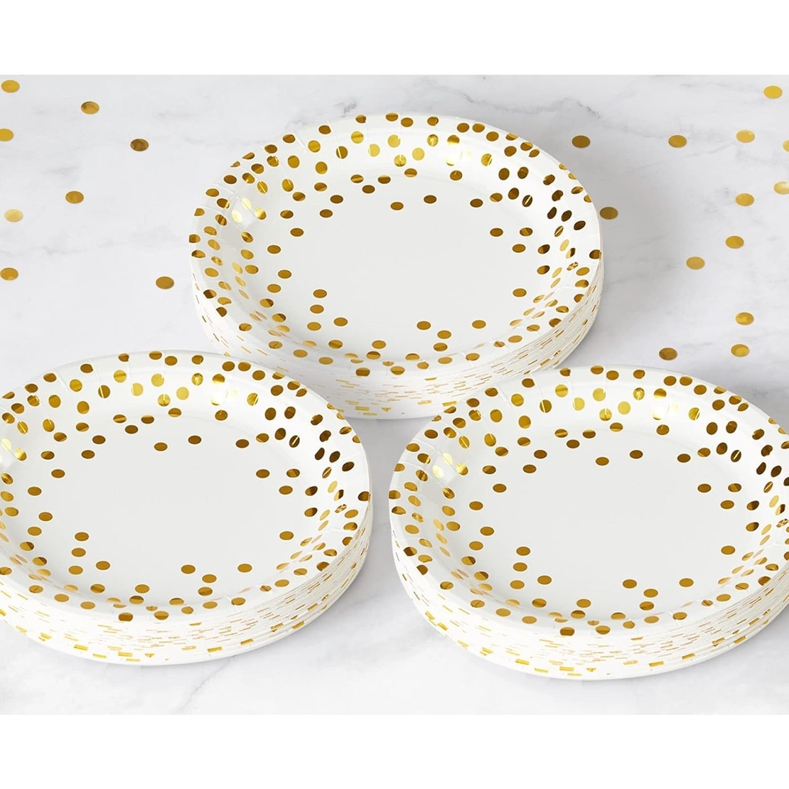 Set 10 Farfurii Unica Folosinta, Flippy, Imprimeu cu Buline, din Carton, Diametru 23 cm, Alb/Auriu