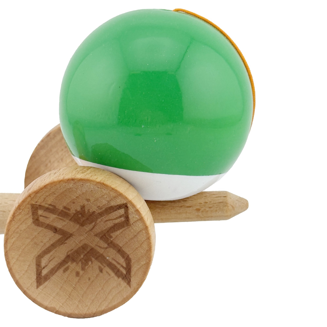 Kendama X Originala, Profesionala, Flippy, Big Cups V2, Super Sticky cu Cupe Mari, din lemn 18 cm, Rulment Metalic cu Ata 55 cm, Verde/Alb