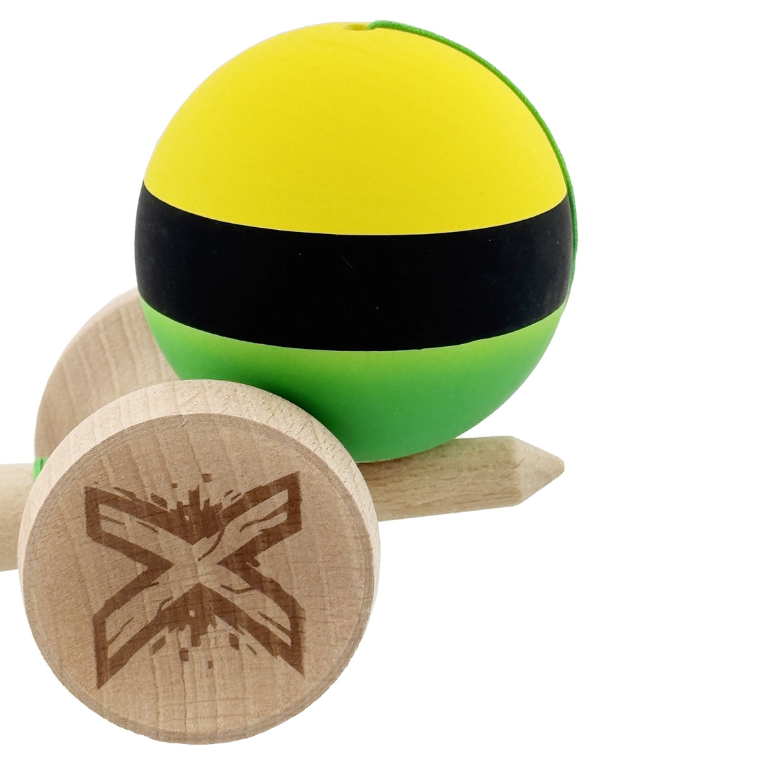 Kendama X Originala, Profesionala, Flippy, Cupe Mari KING SIZE V3, Rubber Grip, Gaura in Baza, Rulment Metalic, din lemn 18 cm, Ata 62/65 cm, M Galben/Negru/Verde