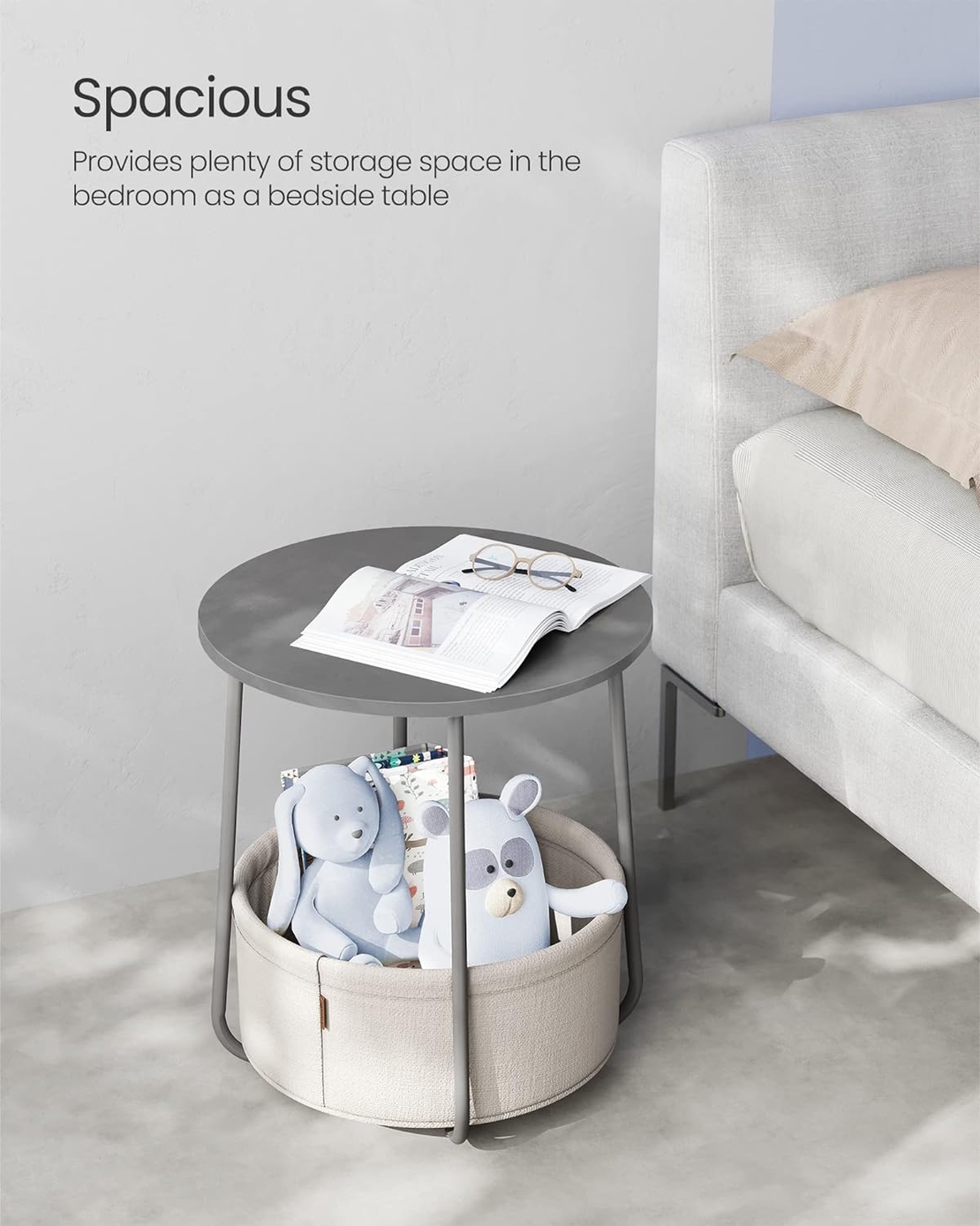VASAGLE Masuta de cafea rotunda cu cos de stofa, stil modern, 45x50cm, gri