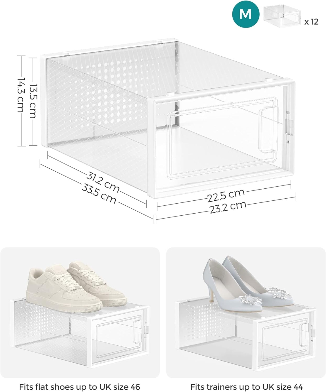 SONGMICS Cutii de pantofi, set de 12 organizatoare stivuibile, structura rezistenta ABS, 34x23x14 cm, transparent
