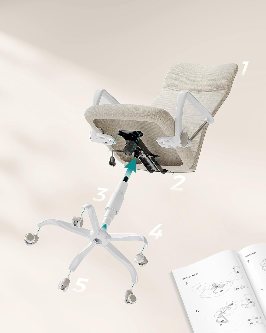 SONGMICS Scaun de birou ergonomic, reglabil pe inaltime, functie balans, maxim 120 kg, 64x64x120 cm, bej
