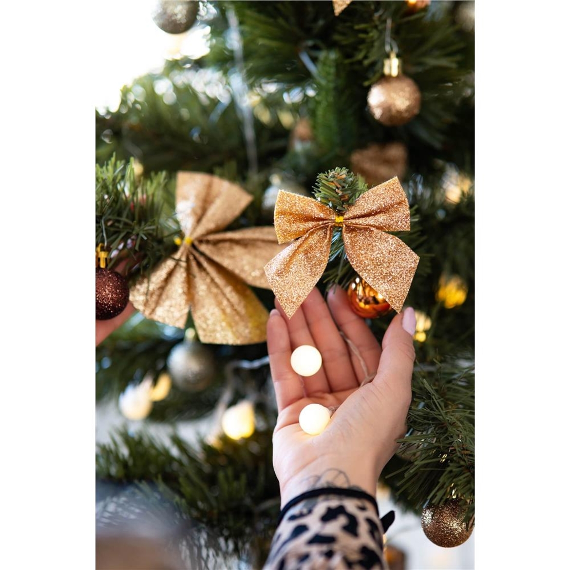Set 6 ornamente pentru bradul de Craciun, fundita, 8cm, auriu