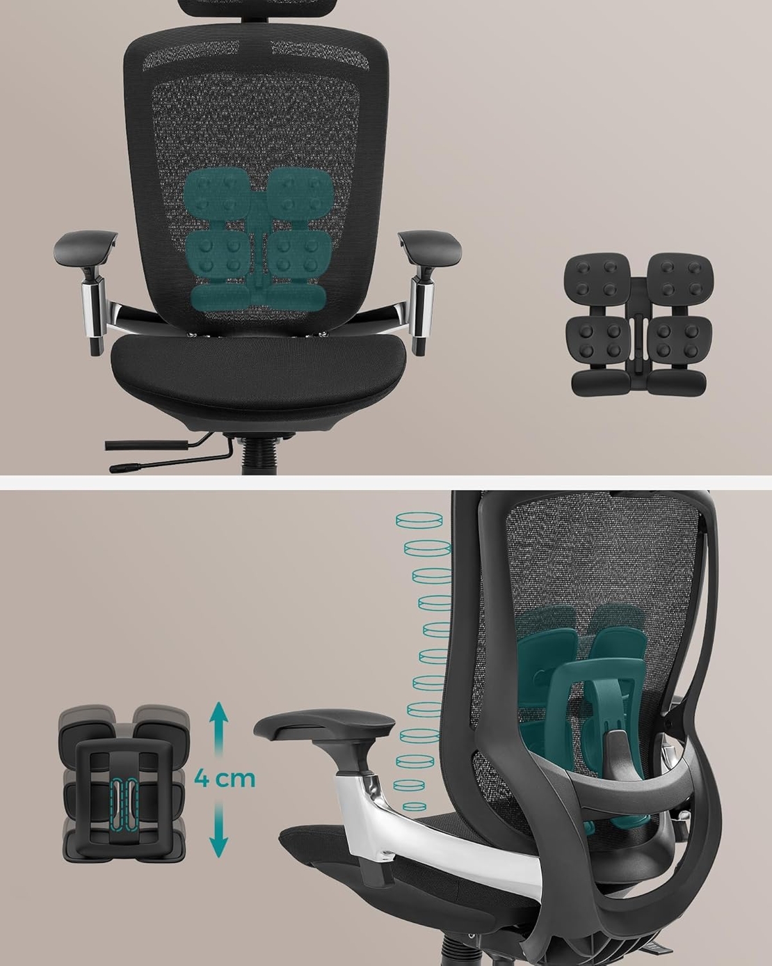 SONGMICS Scaun de birou ergonomic reglabil cu tetiera si suport lombar, inclinare 135°, maxim 150 kg, 70x70x125 cm, negru