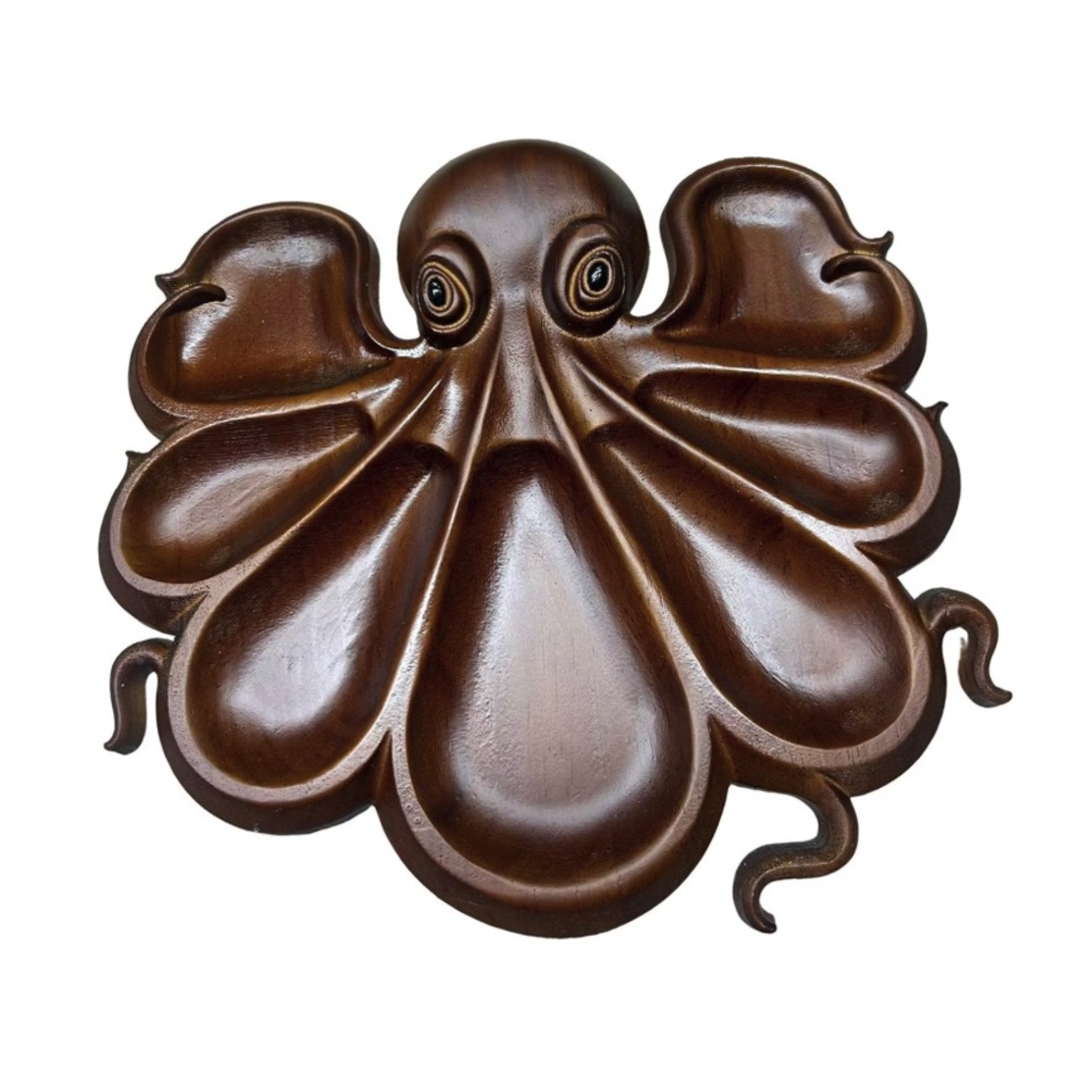 Platou pentru Servire, Vafy, in Forma de Caracatita, 8 Compartimente pentru Mezeluri Branzeturi Snacksuri, Design Artistic, din Lemn Masiv, 26 x 25 x 3 cm, Maro inchis