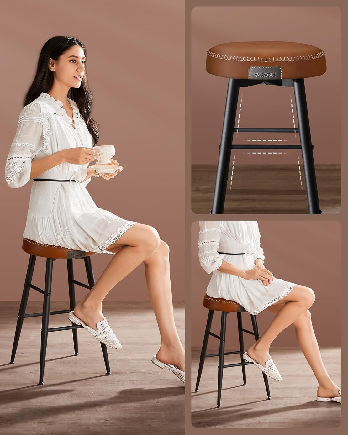 VASAGLE Set 2 scaune bar EKHO, tapiterie PU, cadru metalic, 50x50x63 cm, maro caramel