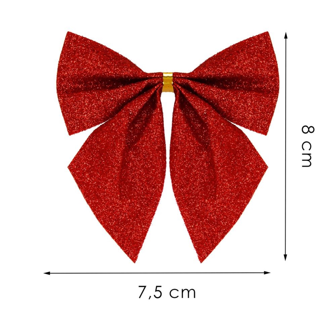 Set 6 ornamente pentru bradul de Craciun, fundita, 8cm, rosu cu sclipici