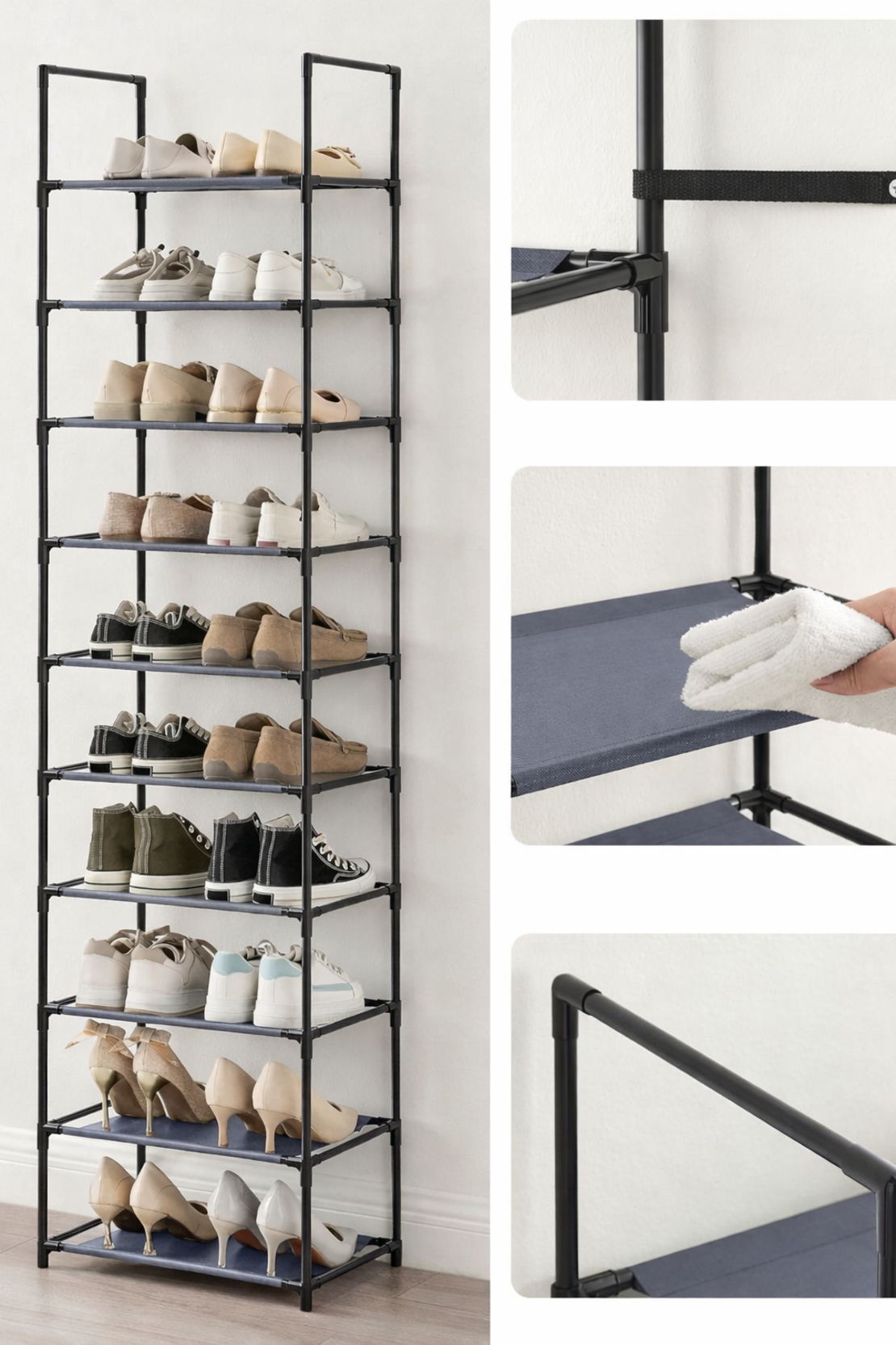 SONGMICS Pantofar cu 10 niveluri, cadru metalic si rafturi textile, 28x45x173 cm, gri