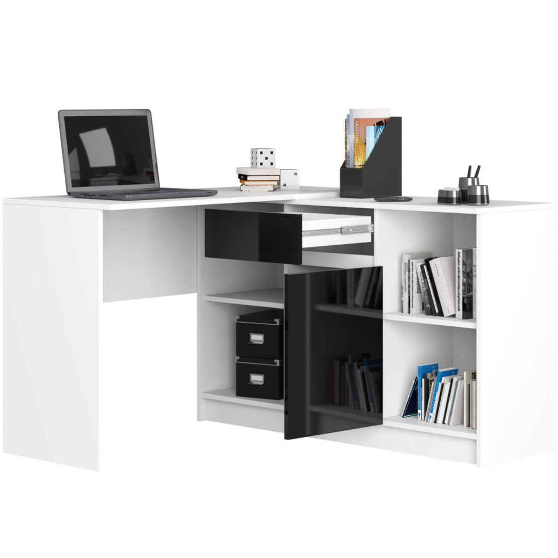Birou de colt cu sertar, usa si 6 rafturi, fronturi MDF lucios, 120x126x79 cm, alb si negru lucios