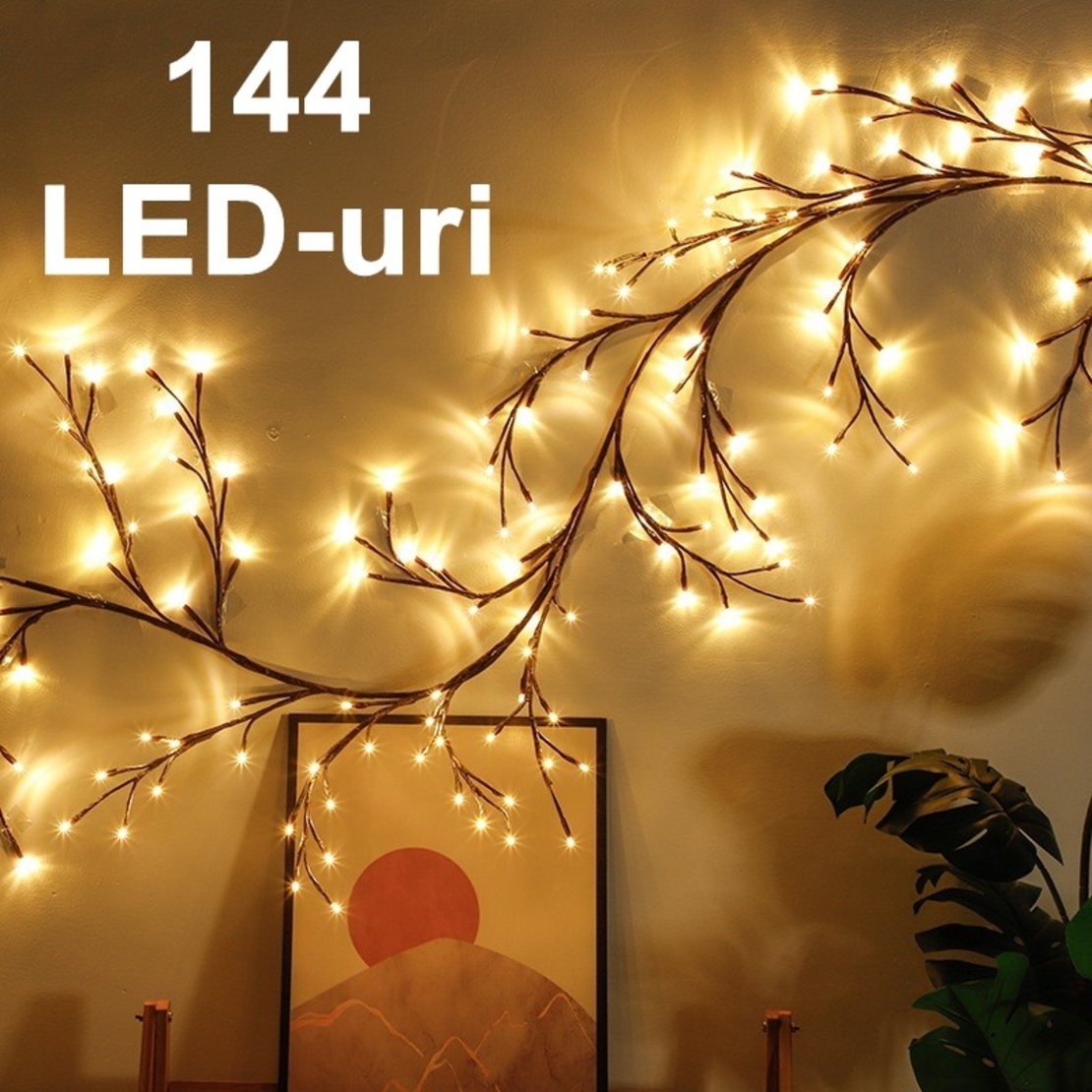 Instalatie Craciun tip Creanga Vafy, 144 LED-uri, Conectare la Retea, 8 Jocuri de Lumini, Telecomanda, 2.5 m, Prelungitor 2 m, 3V, 1.5V, Fir Negru, Alb Cald