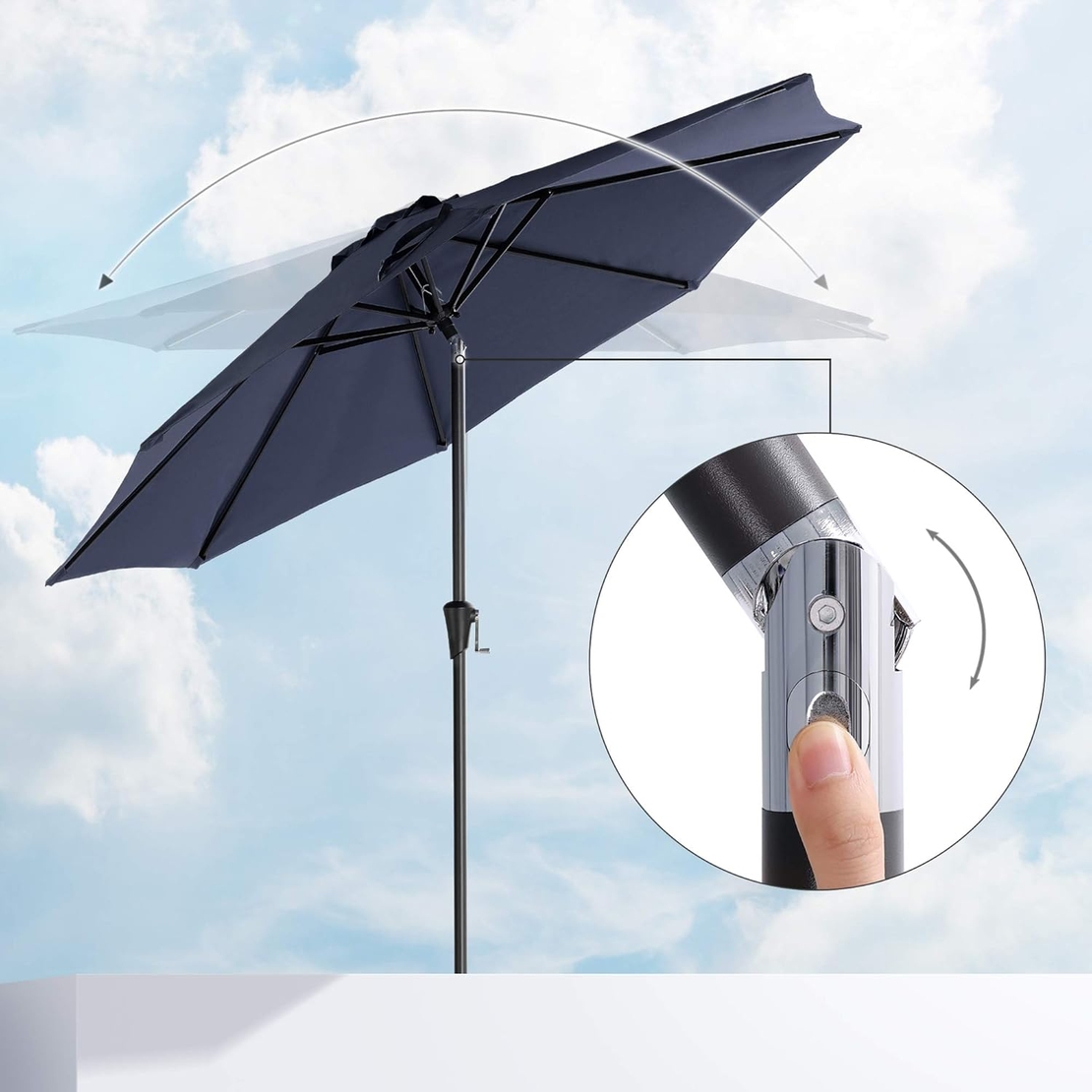 SONGMICS Umbrela de gradina, cu manivela pentru deschidere, sistem inclinare, 300cm, albastru inchis