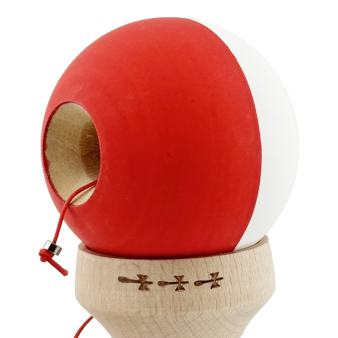 Kendama X Originala, Profesionala, Flippy, Rubber Grip, Cupe Mari KING SIZE V3, Gaura in Baza, Rulment Metalic, din lemn 18 cm, Ata 62/65 cm, Bicolor Alb/Rosu