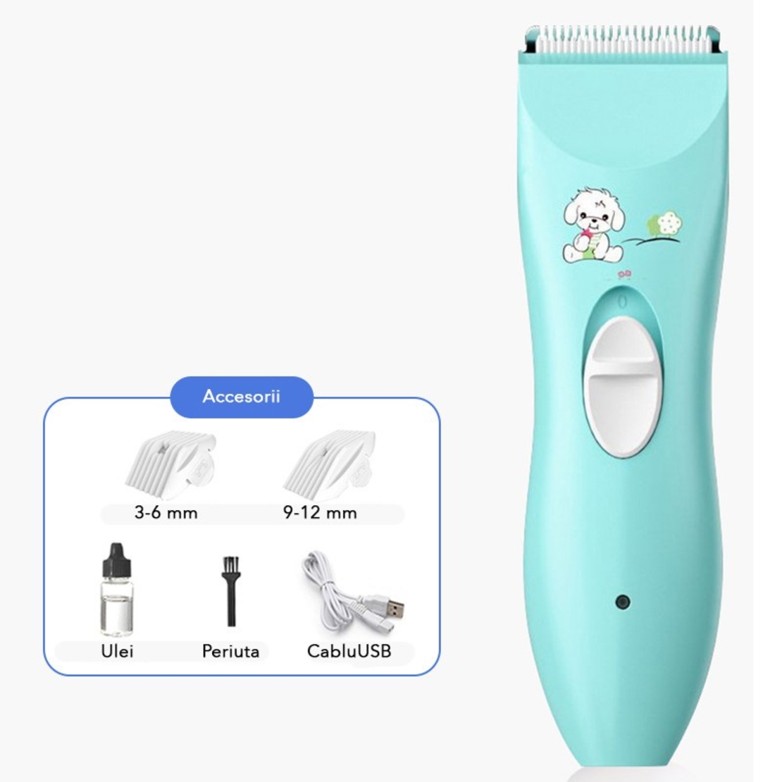 Masina De Tuns Bebelusi si Copii, Vafy, Lame Cermice si Inox, Fara Fir, Functie Anti Taiere, Silentios, 50 W, Rezistent la Apa, 2 Accesorii, Incarcator USB, Model Ursulet, Albastru deschis