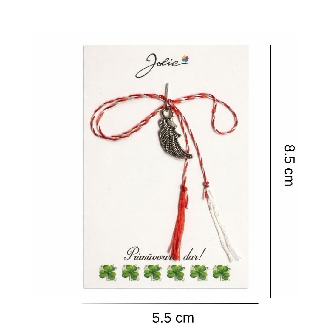 Martisor Traditional, Jolie, Model Aripa, cu Snur Impletit Alb/Rosu, 8.5 x 5.5 cm, Argintiu
