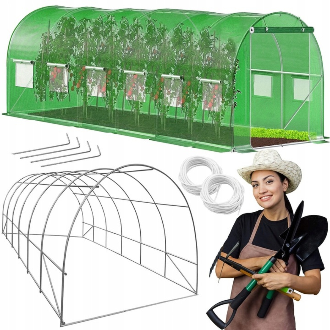 Sera de gradina, tip tunel cu cadru metalic, 300x600cm, 13 ferestre, verde, 18 mp