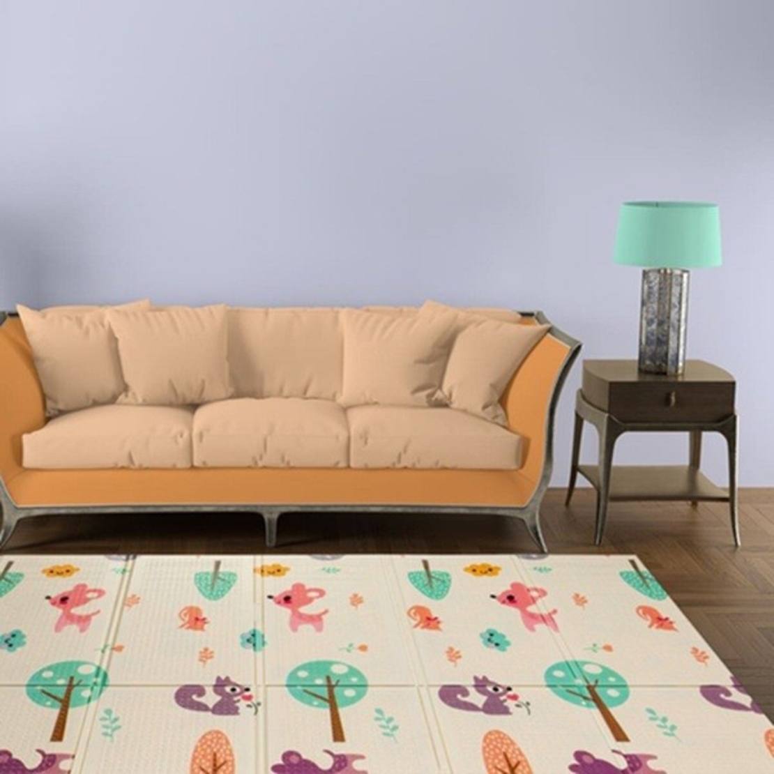 Covoras pentru Copii, Flippy, cu 2 Fete, Model Caprioare/Circ, din XPE+PE, Impermeabil, Antiderapant, Protectie Termica, +3 Luni, Pliabil, 150 x 200 x 1 cm, Multicolor
