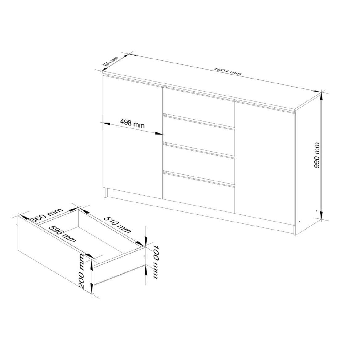 Comoda K160, cu 4 sertare si 2 dulapuri, PAL laminat 16 mm, 160x40x99 cm, alb
