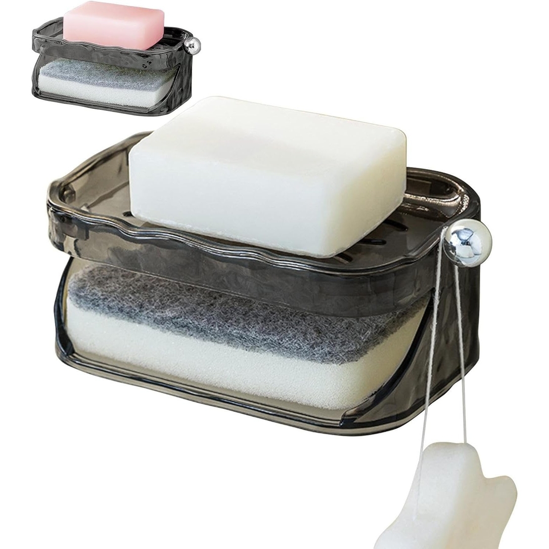 Savoniera Dubla, Flippy, 2 Straturi, Instalare fara Perforare, Agatatoare Burete, 13.5 x 8.5 x 6 cm, Gri
