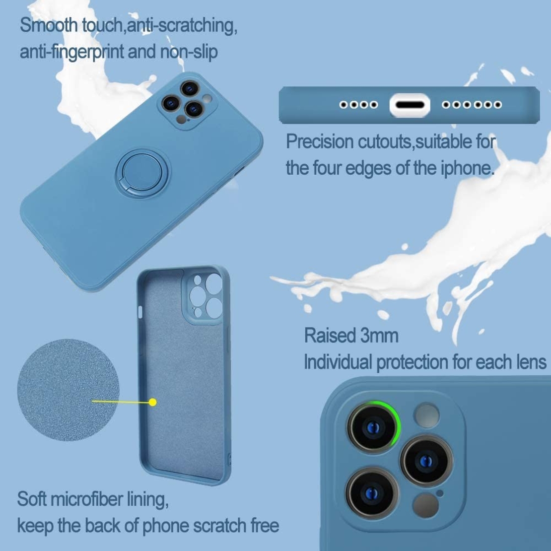 Husa protectie Vafy compatibila cu Apple iPhone 12 Pro Liquid Silicone Ring cu suport rotativ Albastru