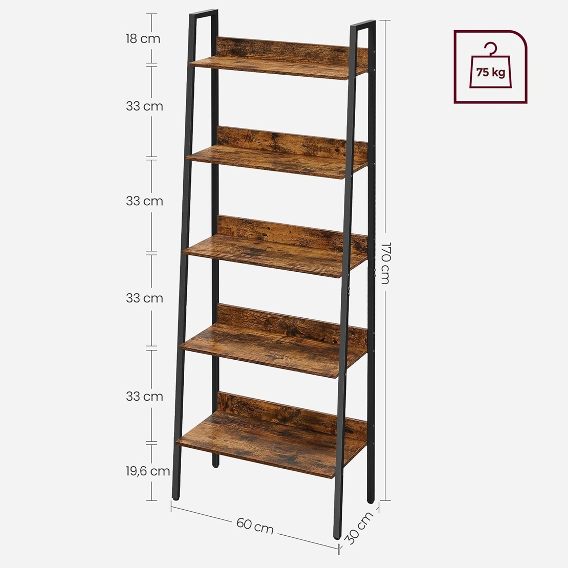 VASAGLE Biblioteca tip scara, cadru otel cu 5 polite, stil industrial, 60x30x170 cm, maro