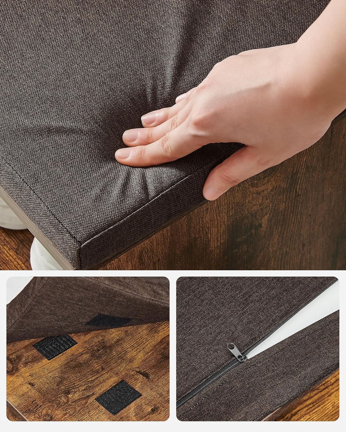 VASAGLE Banca de depozitare cu suport pentru pantofi, 10 compartimente si dulap, cu perna, 30x104x48cm, maro rustic