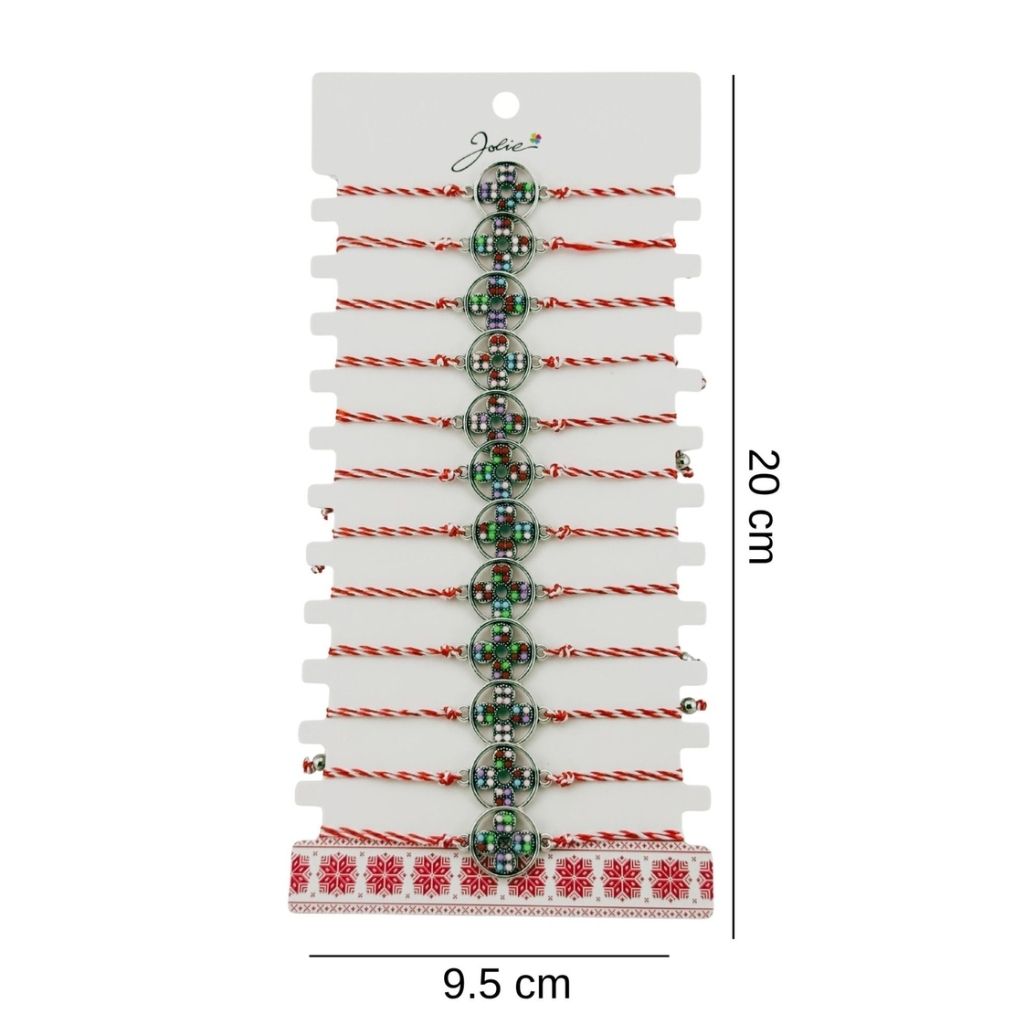 Bratara Martisor pentru Dama, Jolie, Model Floare, Set 12 bucati, Pandativ Argintiu din Inox cu Snur Alb-Rosu Ajustabil