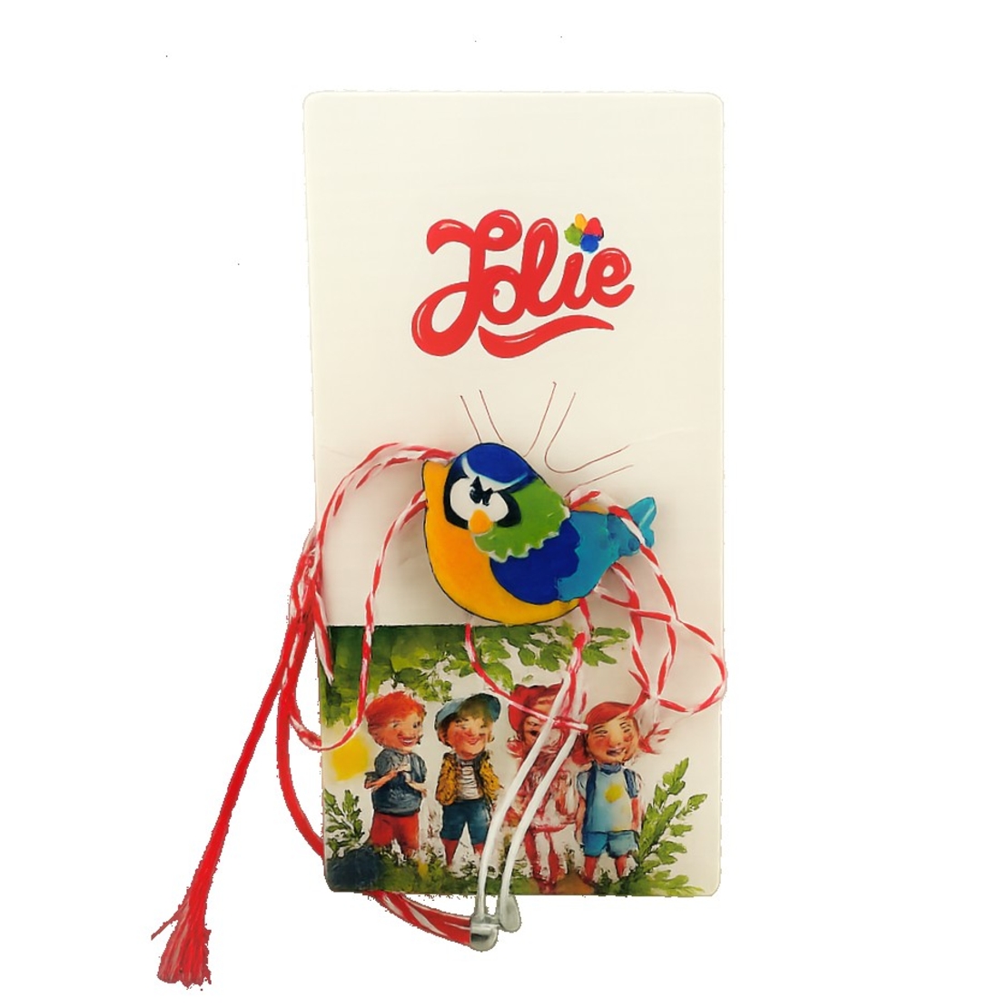 Martisor Brosa pentru Copii, Jolie, Model Pasare, din Metal, 2 x 2 cm, Snur Alb/Rosu, Multicolor