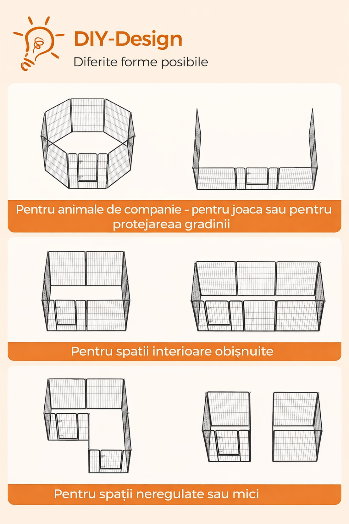 FEANDREA Tarc metalic pentru animale, 8 panouri modulare, utilizare interior sau exterior, 160x160x100 cm, negru