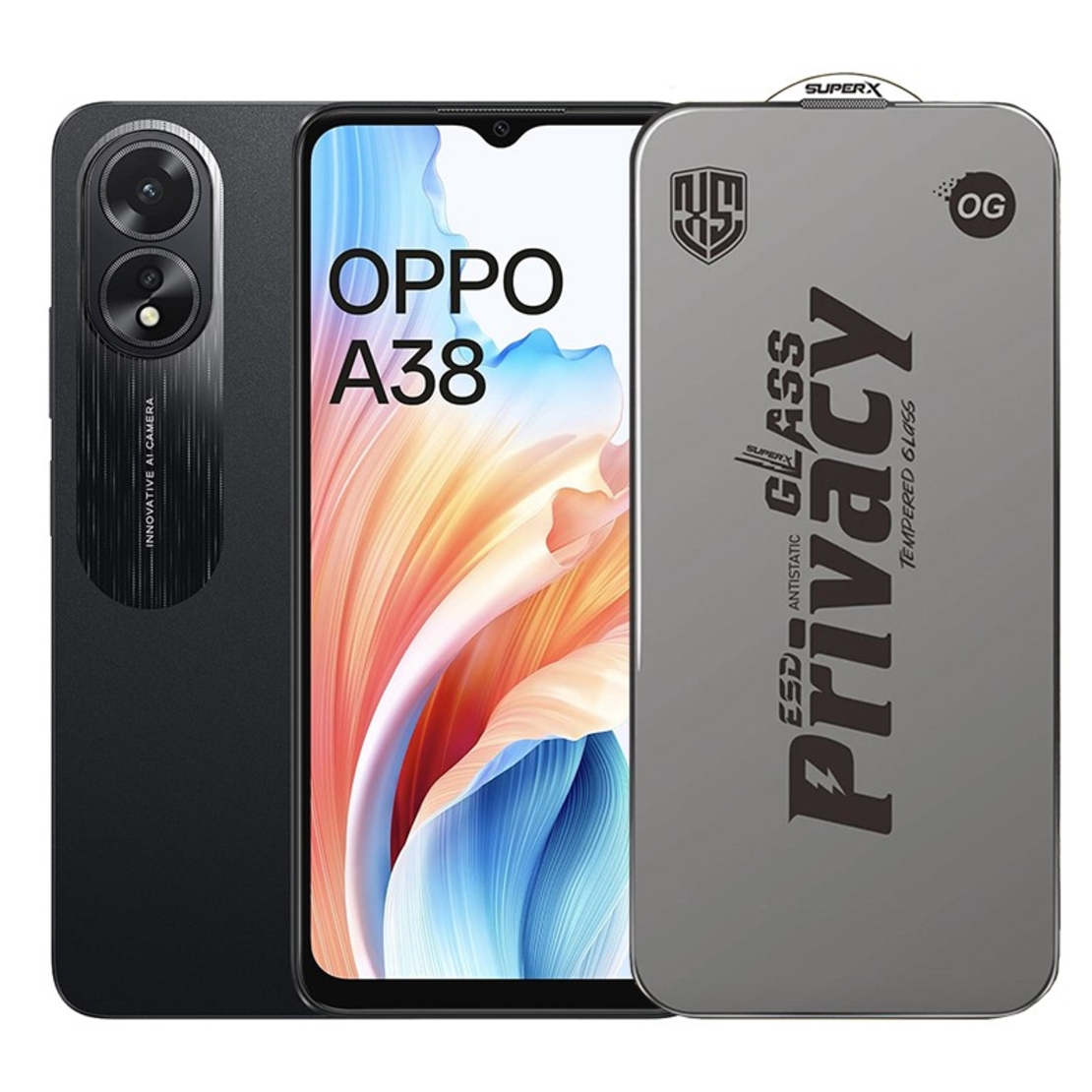 Folie de Protectie pentru Oppo A38, Vafy, Sticla Securizata ESD Antistatica, Super-X Privacy OG, Margini Negre, 0.30 mm, Transparent Inchis