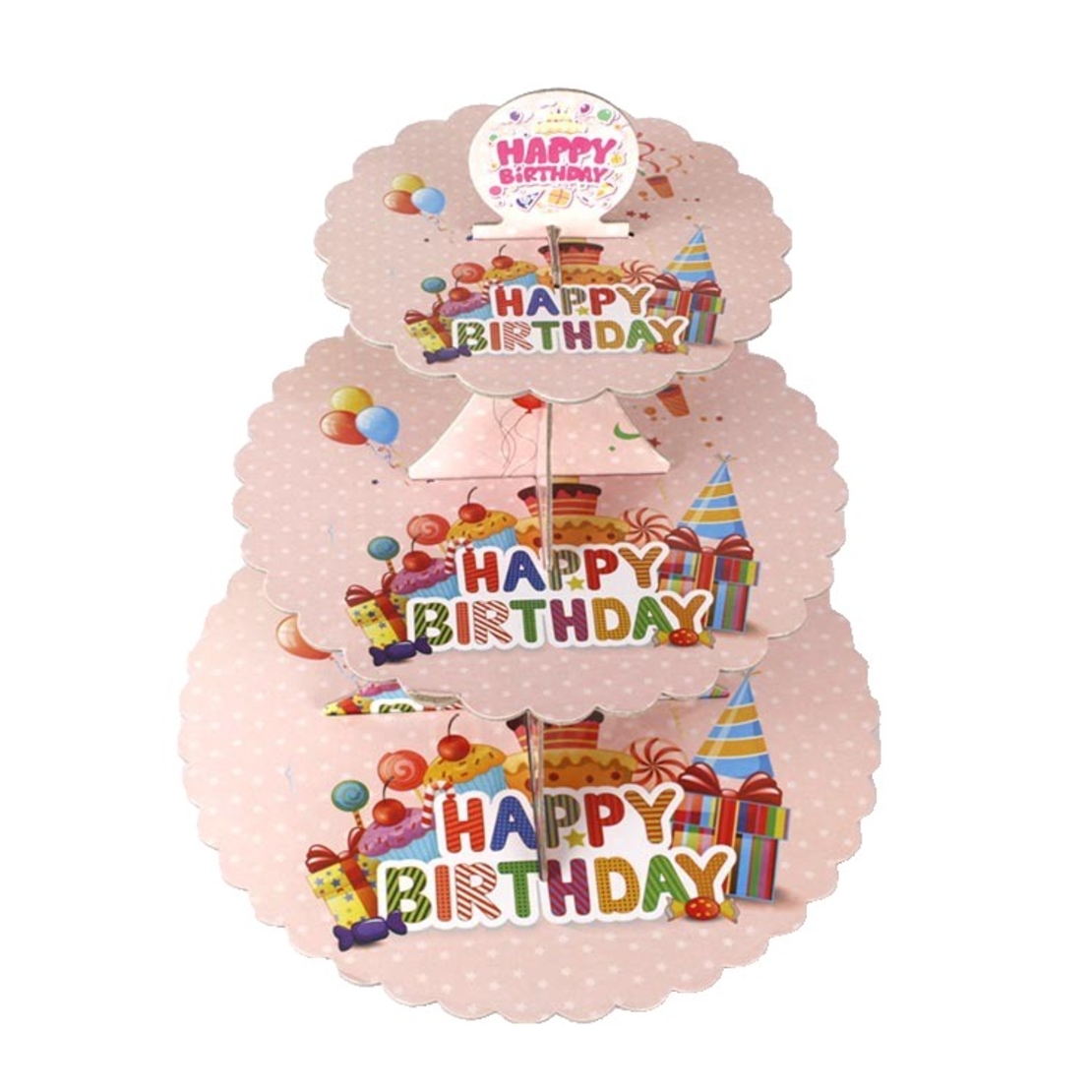 Etajera pentru Prajituri, Flippy, din Carton, 3 Nivele, 16/22/29 cm Diametru, Inaltime 38 cm, Tema Happy Birthday, Roz