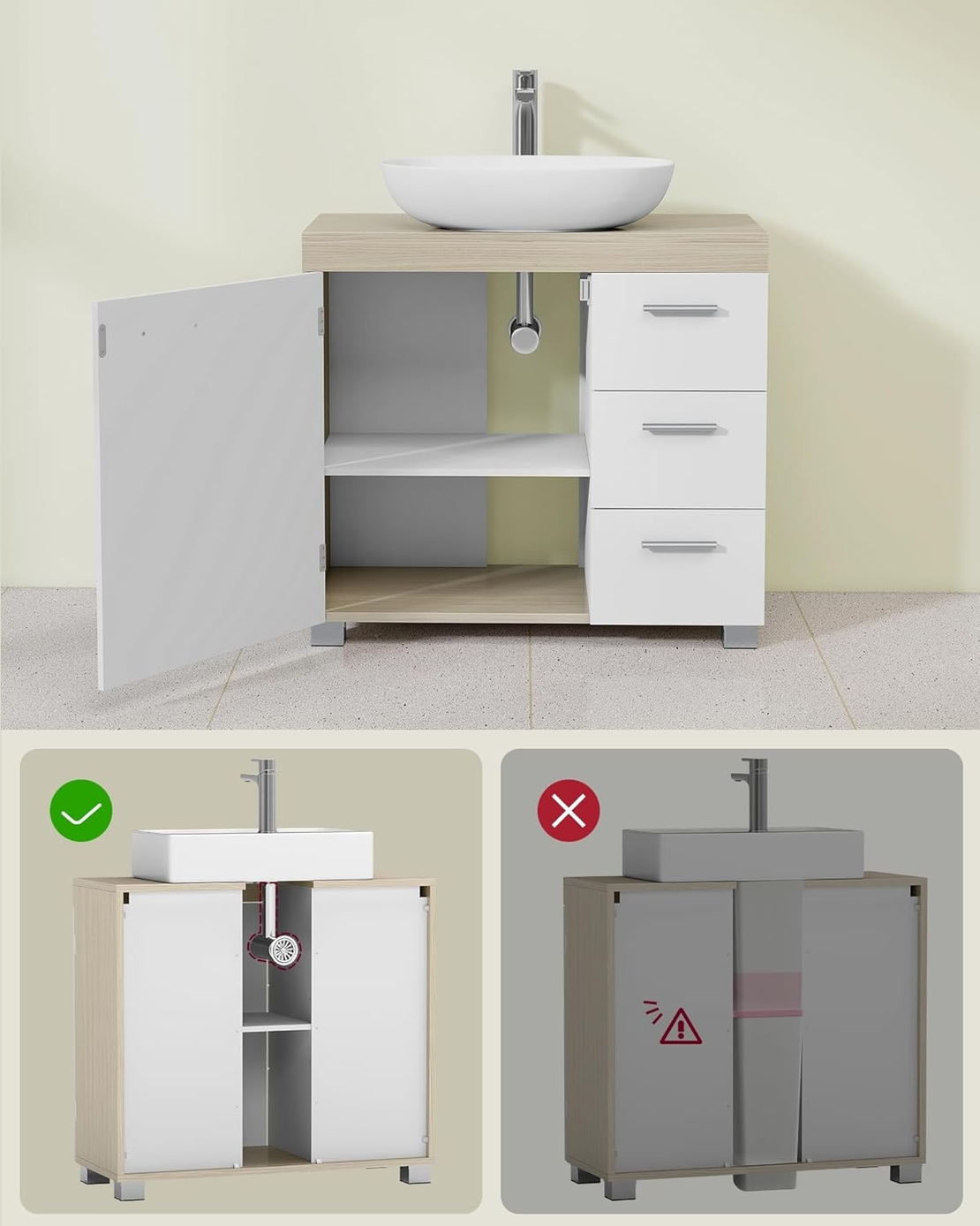 VASAGLE Dulap lavoar baie cu 3 sertare si 2 compartimente, MDF, 30x70x64 cm, alb si bej