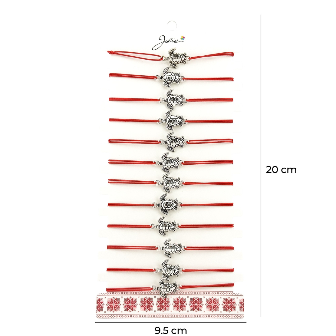 Bratara Martisor pentru Dama, Jolie, Model Broasca Testoasa, Set 12 bucati, Pandativ Argintiu din Inox cu Snur Rosu Ajustabil