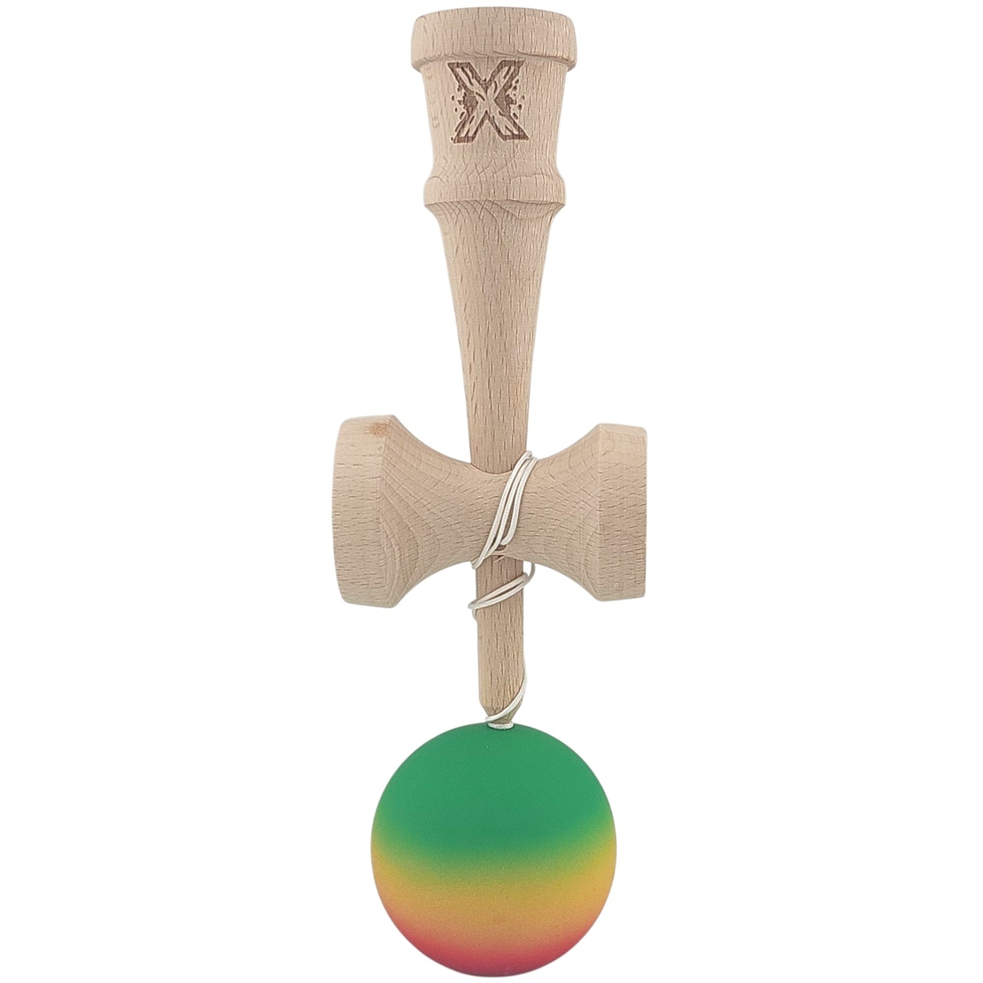Kendama X Originala, Profesionala, Flippy, din Lemn, Rubber Grip, 18 cm, Gradient Verde/Galben/Rosu