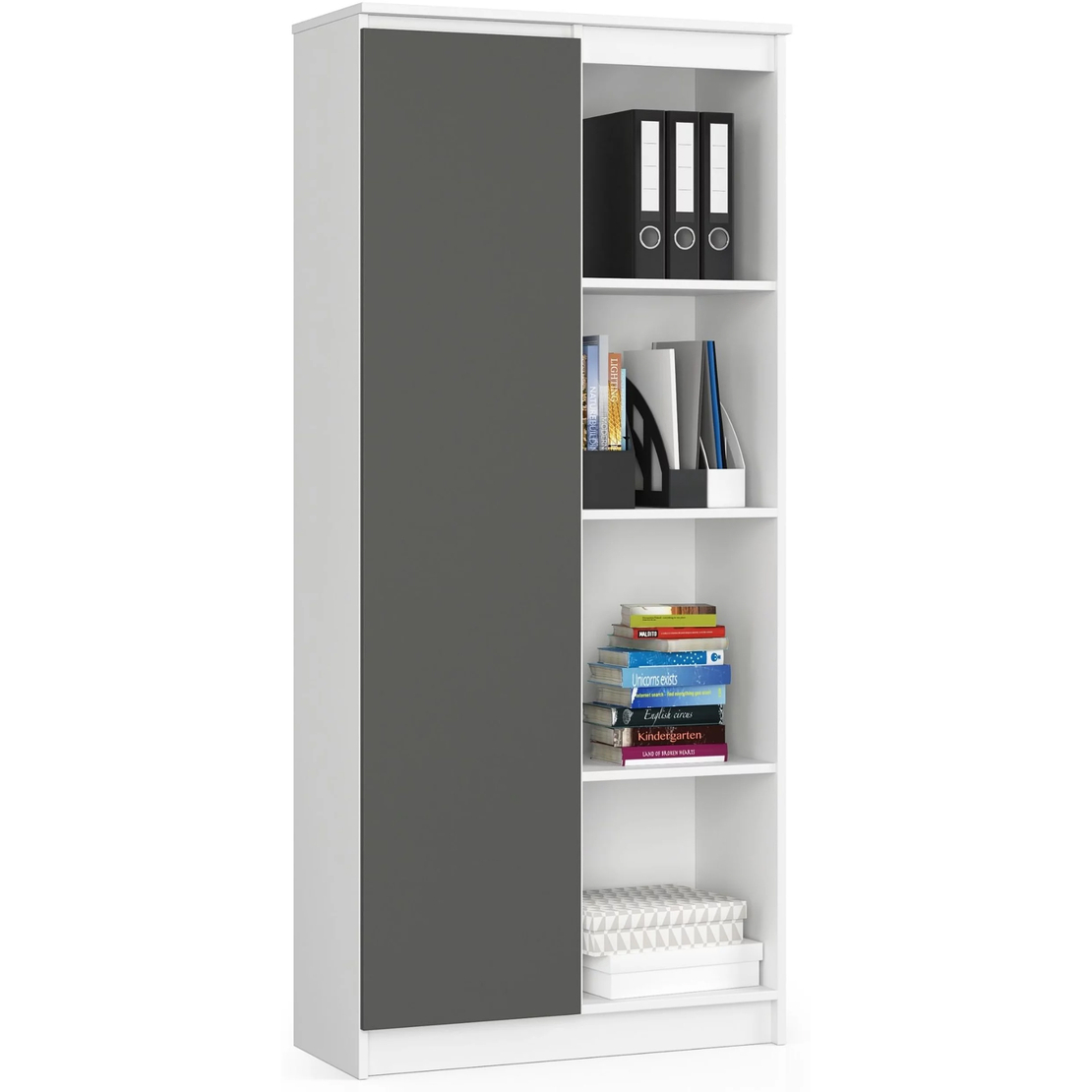 Dulap cu usa si 8 etajere, PAL laminat 16 mm, 80x35x180 cm, alb si gri