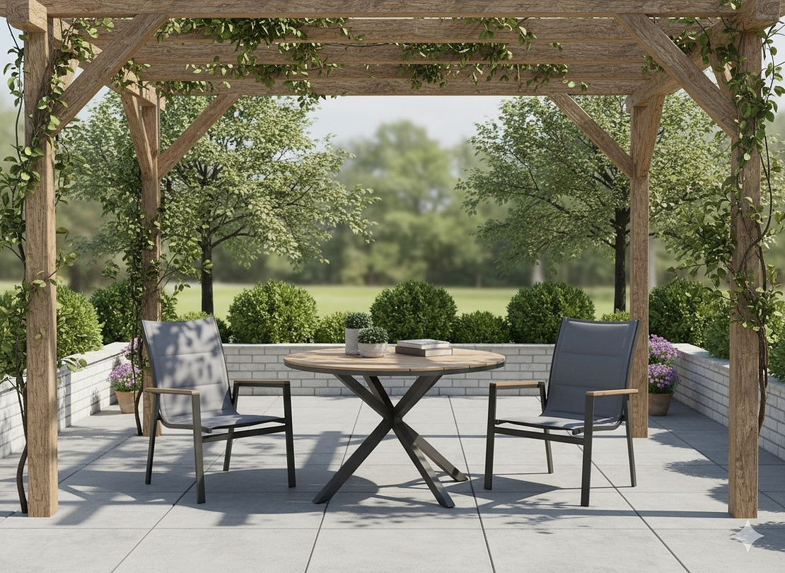 Masa rotunda pentru gradina, cadru aluminiu cu blat polywood aspect lemn, 112x73 cm, maro natur