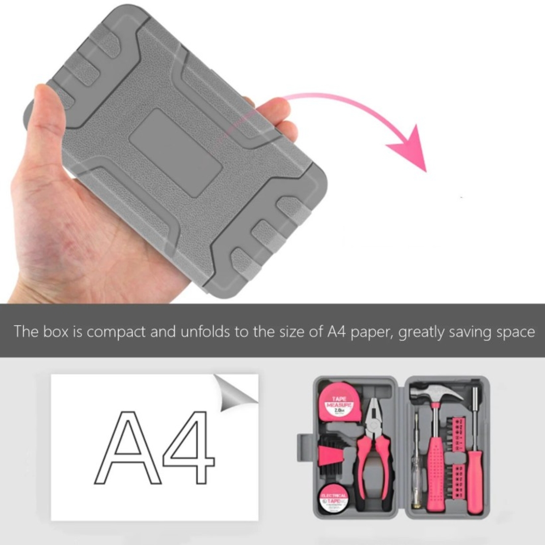 Set Scule 24 piese pentru Uz Casnic, Vafy, Instrumente Set in Trusa de Plastic Gri, din Plastic si Metal, 20 x 12.5 x 3 cm, Roz