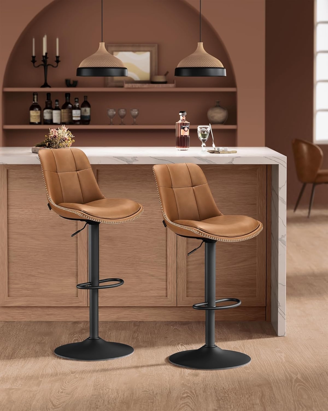 VASAGLE Set 2 scaune bar reglabile, rotative 360°, tapiterie PU, cadru metalic, 44x30x90-112 cm, maro caramel