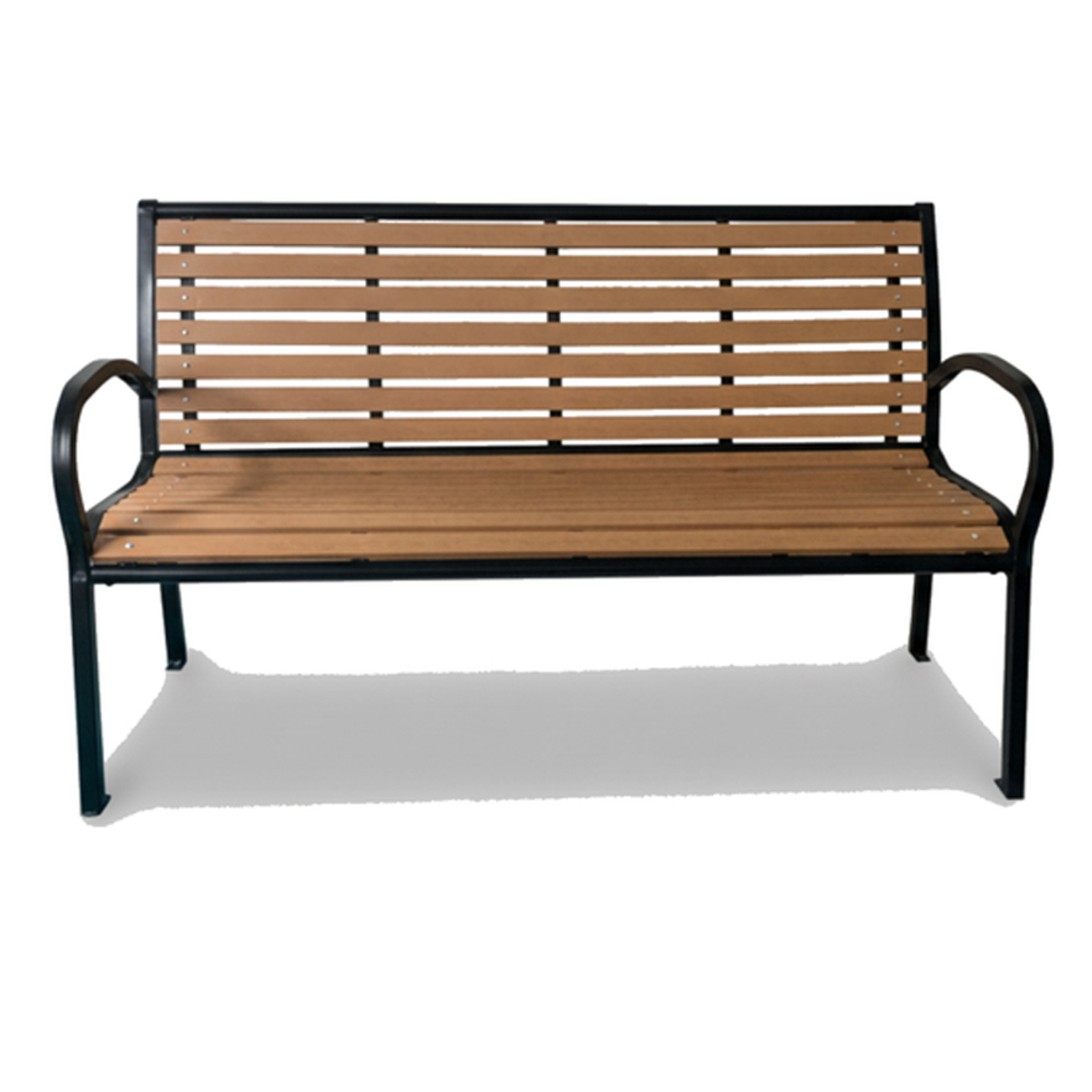 Banca de gradina cu cadru metalic, sezut si spatar rezistent din PVC imitatie lemn, 125x60x80 cm, maro