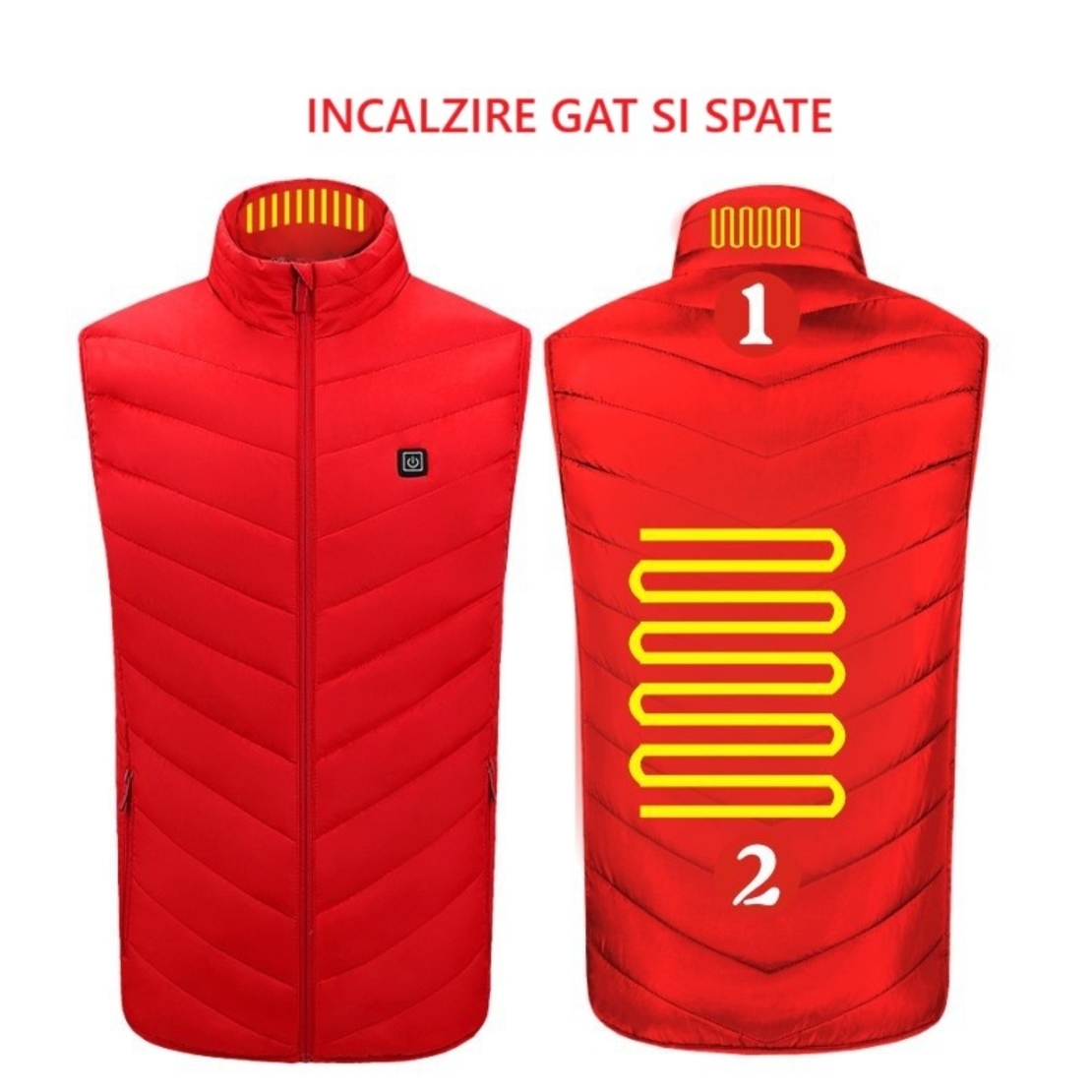 Vesta cu Incalzire, Vafy, Unisex, 2 Zone de Incalzire, Umplutura Bumbac, 3 Trepte de Temperatura, Incarcare USB, Rosu, 45 - 58 kg, Marime L