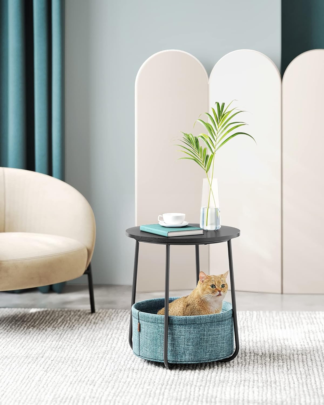 VASAGLE Masuta de cafea rotunda cu cos de stofa, stil modern, 45x50cm, negru cu turcoaz inchis