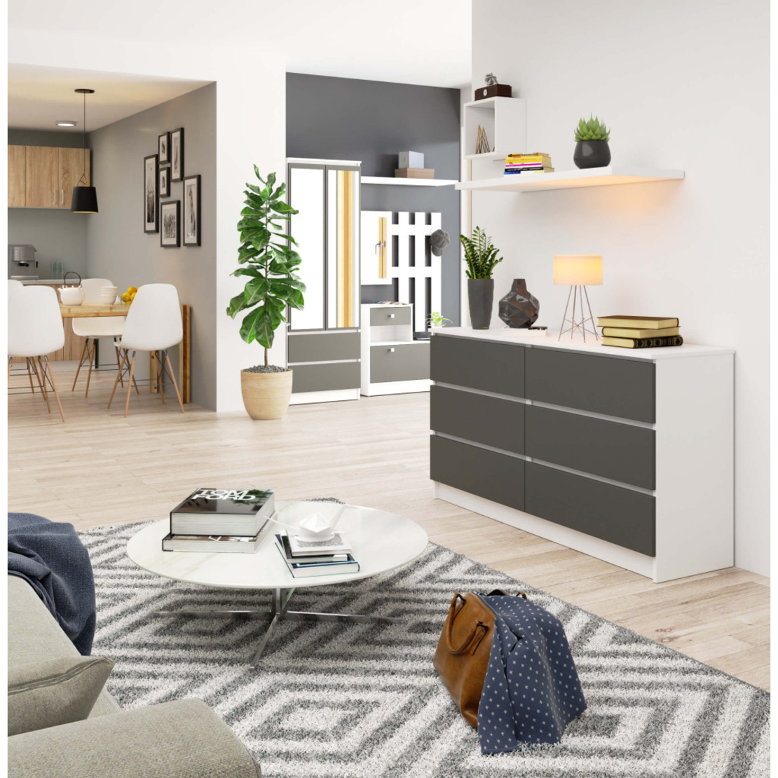 Comoda cu 6 sertare, PAL laminat, 138x40x77 cm, alb si gri grafit
