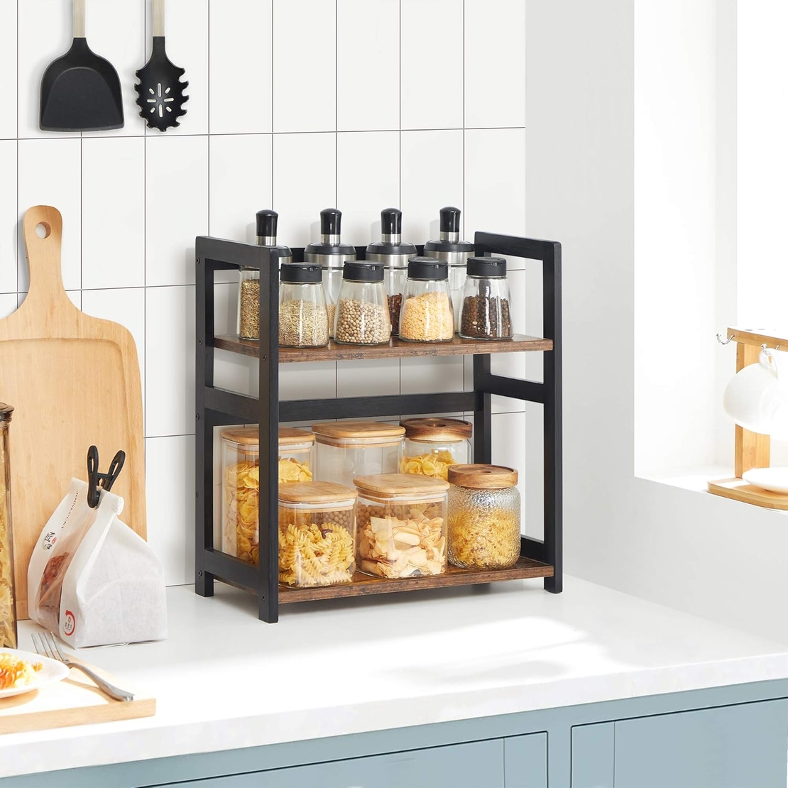 SONGMICS Raft de depozitare pe 2 niveluri, MDF, organizator de birou sau bucatarie, 42x18x43 cm, maro rustic