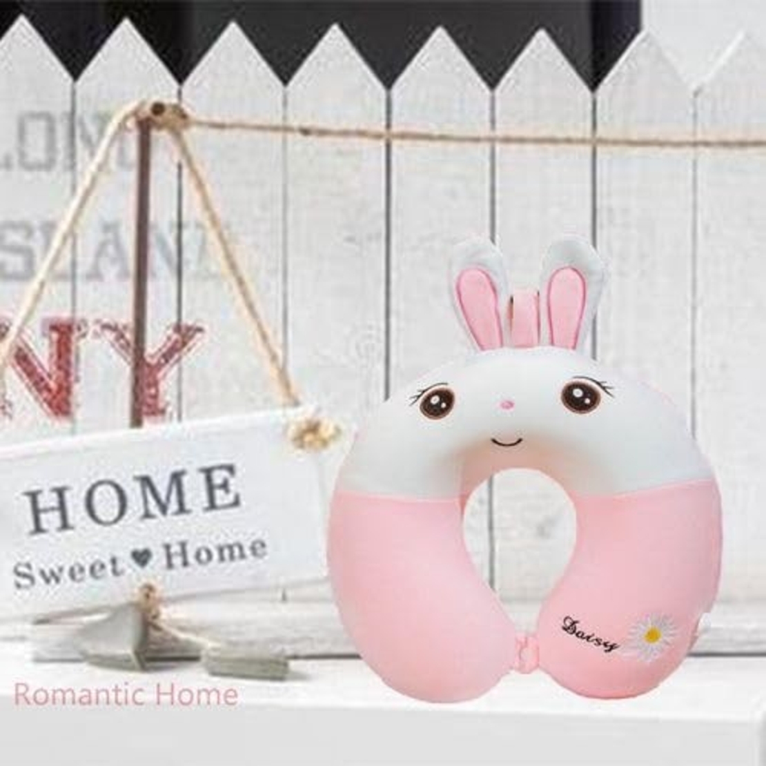 Perna de Calatorie in Forma de U, Vafy, Pentru Gat si Cap, Umplutura din Spuma cu Memorie, 30x30 cm, Model Iepuras, Accesoriu de Voiaj, Birou, Masina, Sistem Prindere Capse, Roz-Alb