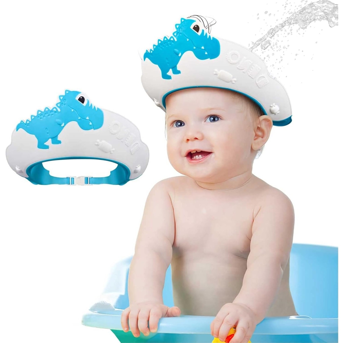 Viziera de Protectie Baie Pentru Copii, Fippy, Model Dinozaur, Dimensiune ajustabila, Durabil, Usor de curatat, Impotriva Samponului, pentru Ochi si Urechi, TPE+PP, 22x21 cm, Albastru