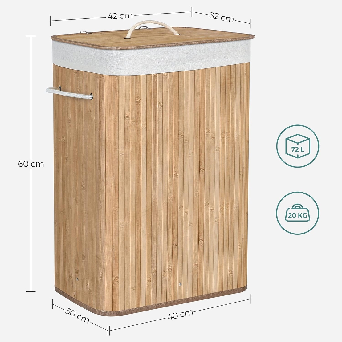 SONGMICS Cos de rufe din bambus, pliabil, cu captuseala detasabila lavabila, 72L, 40x30x60cm, natural