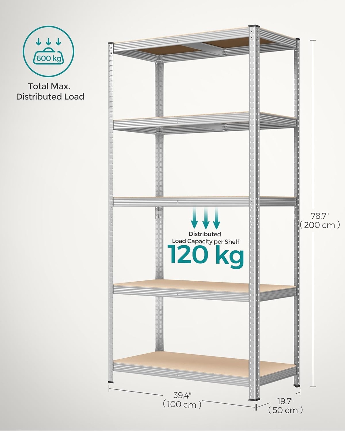 SONGMICS Raft de depozitare metalic, cu rafturi din MDF, 5 polite, max. 600 kg, 200x100x50cm, argintiu