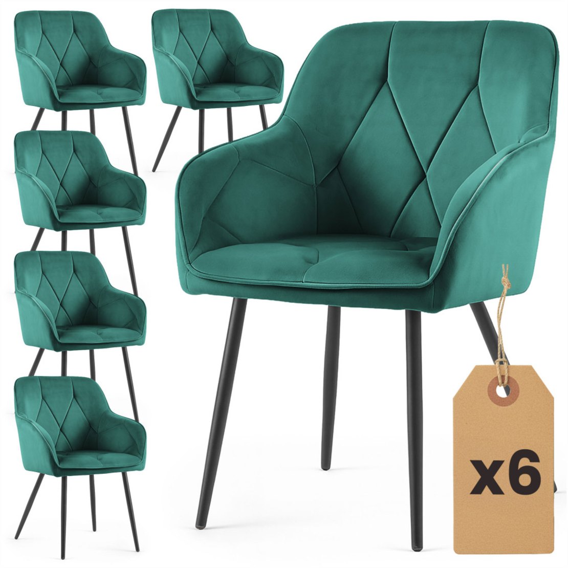 Set 6 scaune tapitate, Diamant, velur matlasat, 55x58x83 cm, verde smarald