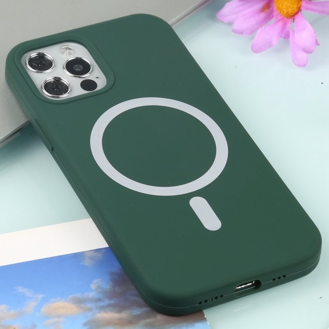 Husa MagSafe liquid large hole magnetic shell pentru Apple iPhone 14 Pro, Full Cover, Liquid Silicone, Magnetica, Incarcare Wireless, Vafy, Verde