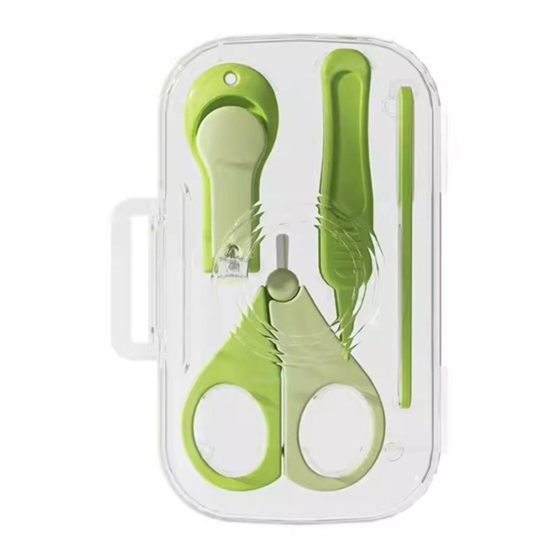 Set 4in1 de Ingrijire Unghii pentru Bebelusi, Flippy, Cutie de Depozitare Texturata, 0-6 Ani, 13.6x8x2 cm, Verde