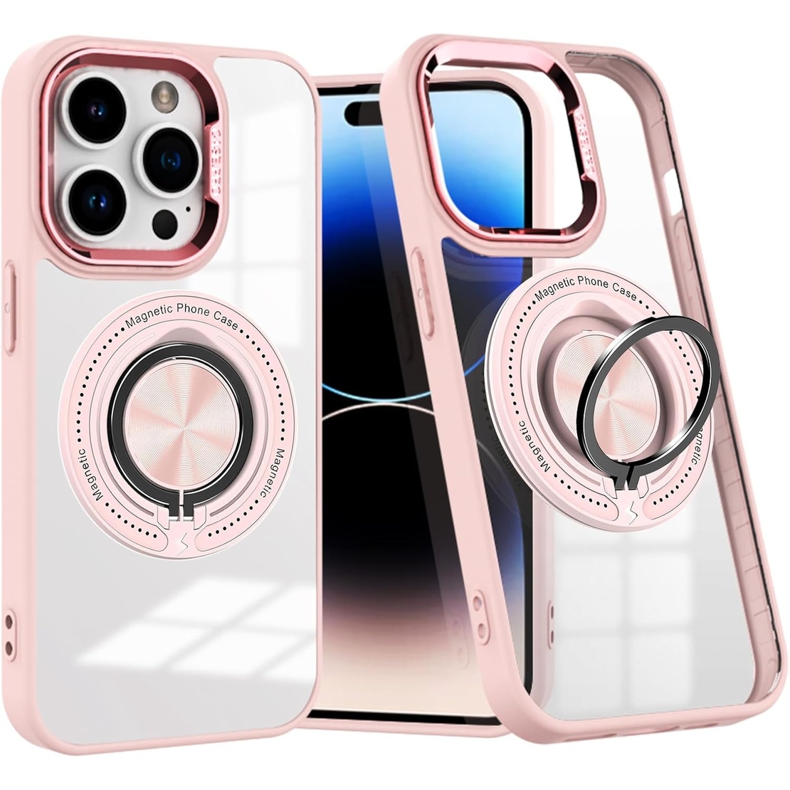 Husa de Protectie TPU, Vafy, pentru iPhone 16 Pro, Anticadere, cu Incarcare Wireless, Tehnologie Magsafe, Inel Magnetic Rotativ cu Functie de Suport, Transparent-Roz
